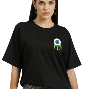 Front view of Black Eye oversized women’s printed t-shirt