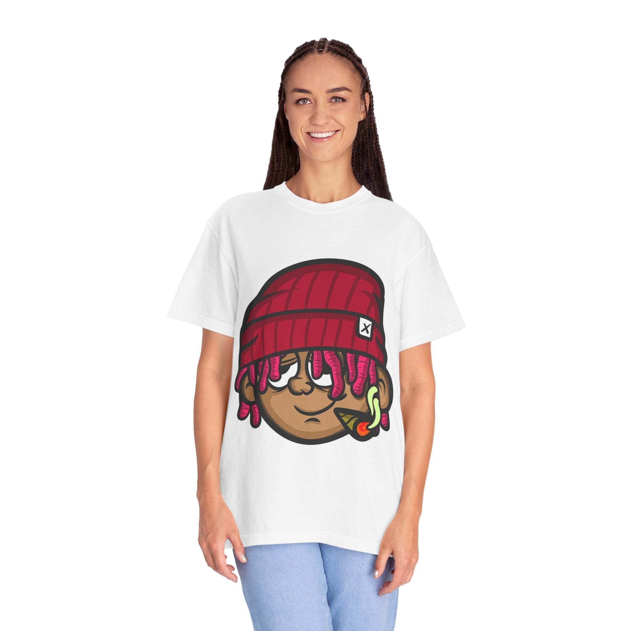 cool-character-graphic-tee-woman-model-view Cool Character Graphic Tee – Unisex Streetwear Shirt - Image 1