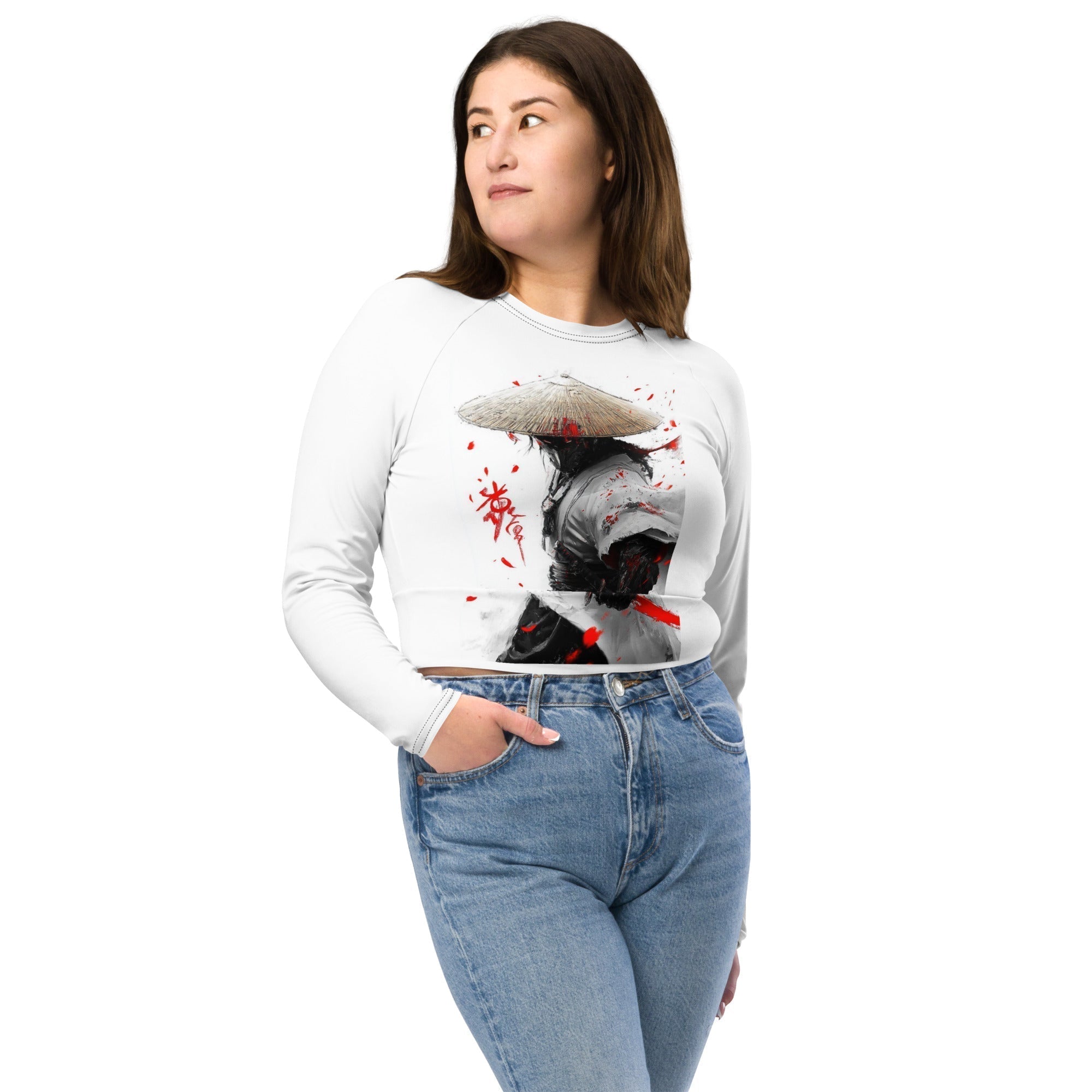 recycled-long-sleeve-crop-top-ninja-print-front Recycled Long-Sleeve Crop Top – Battle-Ready Ninja Print - Image 1